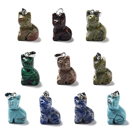 Pendentifs pierres fines mixtes, Breloques en forme de chat avec fermoirs en métal plaqué platine, mélangé teint et non teint