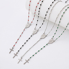Vintage Resin Rosary Bead Necklaces, 304 Stainless Steel Religion Cross Virgin Pendant Necklaces for Women Men, Silver Color Plated