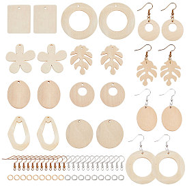 Kits de fabrication de boucles d'oreilles pendantes en bois non teinté à faire soi-même, 48 pendentifs en bois de feuilles et de fleurs et de géométrie, crochets et anneaux de saut en laiton