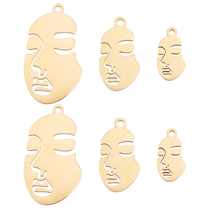 6Pcs 3 Style Ion Plating(IP) 304 Stainless Steel Pendants, Abstract Face