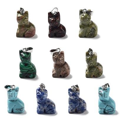Mixed Gemstone Pendants, Cat Shape Charms with Platinum Plated Metal Snap on Bails, Mixed Dyed and Undyed