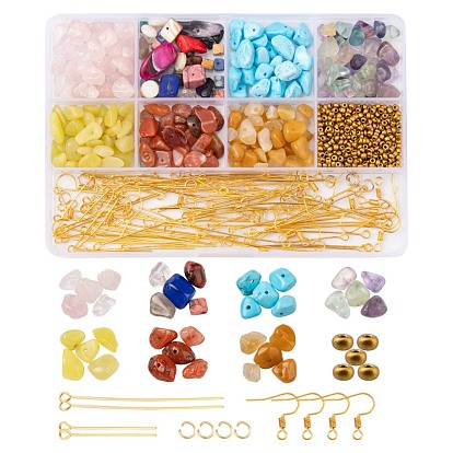 DIY Mixed Stone Chip Beads Earrings Making Kit, Including Natural & Synthetic Chip Beads, Glass Seed Beads, Iron Earring Hooks & Pin, 304 Stainless Steel Jump Rings
