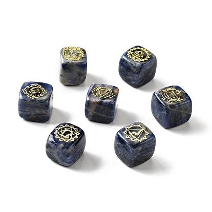 7Pcs 7 Styles Natural Sodalite Beads, with Long-Lasting Plated Golden Tone Brass Chakra Pattern Slices, Lead Free & Cadmium Free, No Hole, Cube