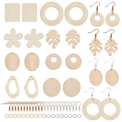 Kits de fabrication de boucles d'oreilles pendantes en bois non teinté à faire soi-même, 48 pendentifs en bois de feuilles et de fleurs et de géométrie, crochets et anneaux de saut en laiton