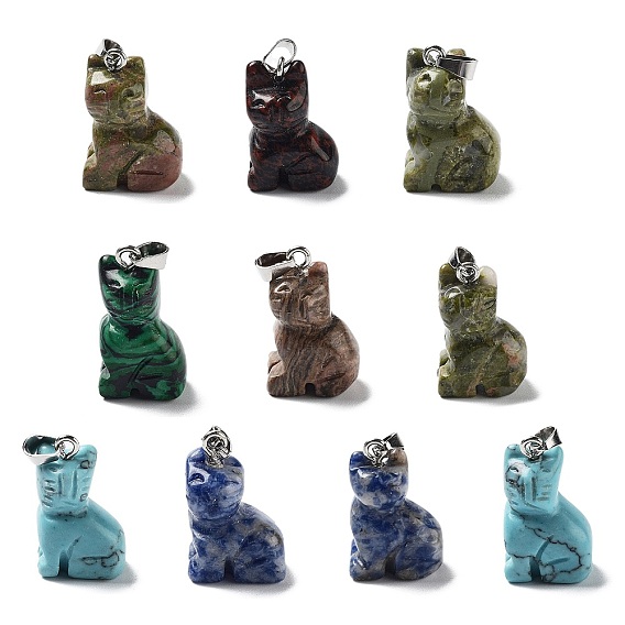 Mixed Gemstone Pendants, Cat Shape Charms with Platinum Plated Metal Snap on Bails, Mixed Dyed and Undyed