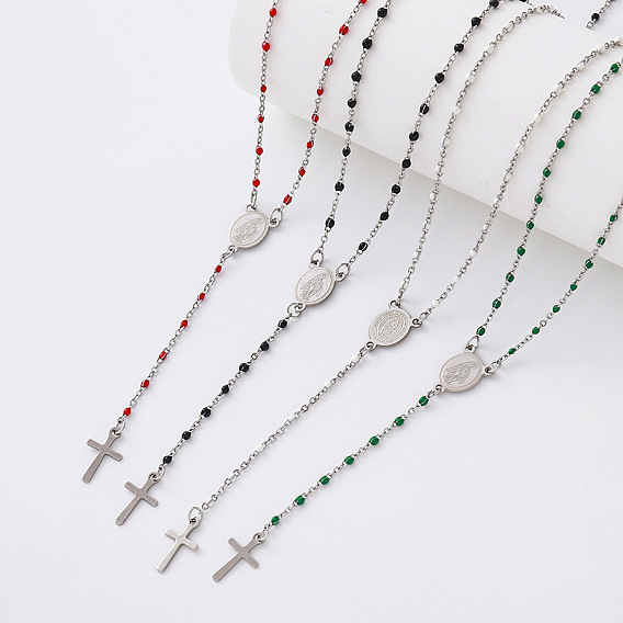 Vintage Resin Rosary Bead Necklaces, 304 Stainless Steel Religion Cross Virgin Pendant Necklaces for Women Men, Silver Color Plated