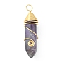Natural Mixed Gemstone Copper Wire Wrapped Pendants, Faceted Bullet Charms, Real 18K Gold Plated