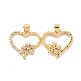 Brass Micro Pave Cubic Zirconia Pendants, Hollow Heart with Snowflake Charm