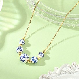 Collares redondos de porcelana hechos a mano con cuentas de tamaño gradual y estampado floral., 304 cadenas de cable de acero inoxidable collares, azul y blanco
