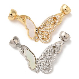 Brass Micro Pave Clear Cubic Zirconia Fold Over Clasps, with Shell, Long-lasting Plated