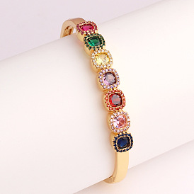 Fashionable Copper Plated Real Gold Micro Inlaid Square Colorful Bangle with High Color Retention