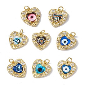 Brass Micro Pave Clear Cubic Zirconia Pendants, with Resin and Jump Rings, Lead Free & Cadmium Free, Heart with Eye, Real 18K Gold Plated
