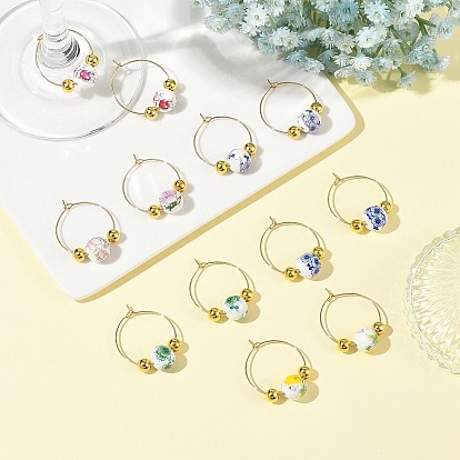 Handmade Flower Printed Porcelain Ceramic Earrings, Round, with Brass Smooth Round Beads and 316 Surgical Stainless Steel Wine Glass Charms Rings