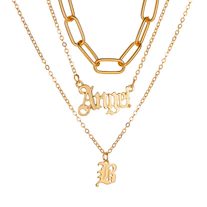Layered Necklaces with Personalized Letter Pendant, Angel Charm and Hip Hop Chain Design