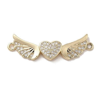 Brass Micro Pave Clear Cubic Zirconia Connector Charms, Long-Lasting Plated, Valentine's Day Heart Links with Wings