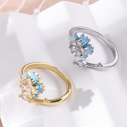 Латунные кольца-манжеты с микропаве и прозрачным цирконием для женщин, цветок, с эмалью