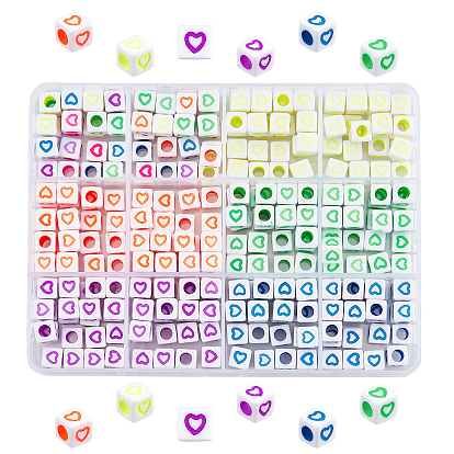 300 шт 6 цвета непрозрачные белые акриловые европейские бусины, бусины с большим отверстием, куб с разноцветным сердцем