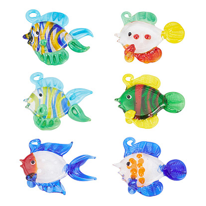 6Pcs 6 Styles Handmade Lampwork Pendants, Fish Charms