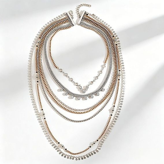 Colliers bohèmes à plusieurs rangs en alliage, cristal et strass, avec pompon en forme de larme