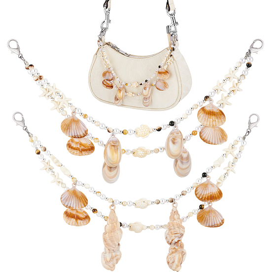 2шт 2 стили, кисточка из натуральных смешанных ракушек, синтетическая бирюза, акрил и АБС-пластик, имитация жемчуга, двухслойная сумка, декоративные цепочки, Сплав с застежками когтя омара, платина