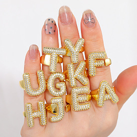 Brass Micro Pave Clear Cubic Zirconia Cuff Rings, Letter, Real 18K Gold Plated