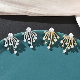 Серьги-гвоздики из латуни с микропаве из кубических цирконий в стиле фейерверк, с пластиковой жемчужины, стойки покрытие, долговечный, без кадмия и без свинца