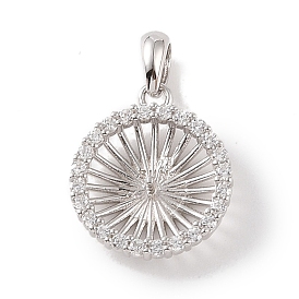925 Sterling Silver Peg Bail Pendants, with Cubic Zirconia, Hollow Flat Round Charm, for Half Drilled Beads