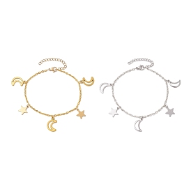 2Pcs 2 Colors 304 Stainless Steel & Iron Cable Chain Bracelets, Moon & Star Charm Bracelets for Women