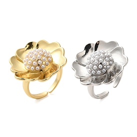 Flower Brass Open Cuff Rings, ABS Imitation Pearl Ring for Women