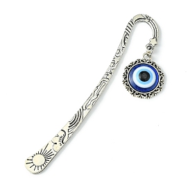 Resin Evil Eye Pendant Bookmarks, Flower Pattern Tibetan Style Alloy Hook Bookmark