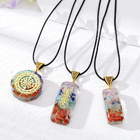 Bold Geometric Resin Necklace with Agate-like Design and Vintage Leather Cord Pendant
