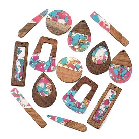 Walnut Wood & Transparent Resin & Gold Foil Pendants, Mixed Shapes Charm