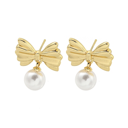 Bowknot Rack Plated Brass & ABS Pearl Stud Earrings for Women, Lead Free & Cadmium Free, Long-Lasting Plated