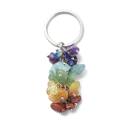 Chakra Theme Natural Gemstone Chip Bead Keychain, with 304 Stainless Steel Findings