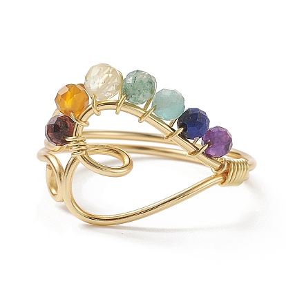 Natural Mixed Gemstone Braided Beaded Heart Open Cuff Ring, Light Gold Copper Wire Wrap Jewelry for Women