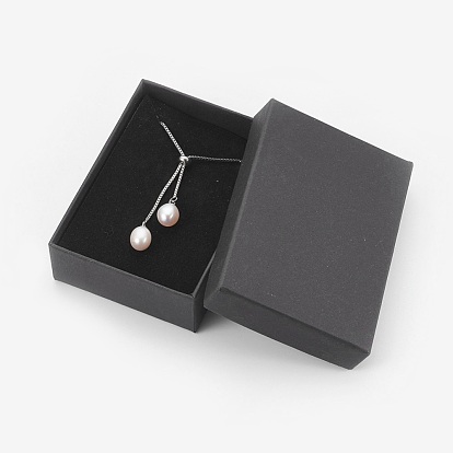 Adjustable 304 Stainless Steel Lariat Necklaces, Slider Necklaces, with Shell Pearl and Cardboard Jewelry Box