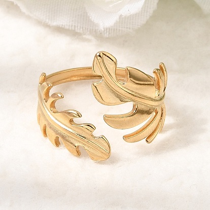 304 Stainless Steel Cuff Open Rings for Women, Leaf
