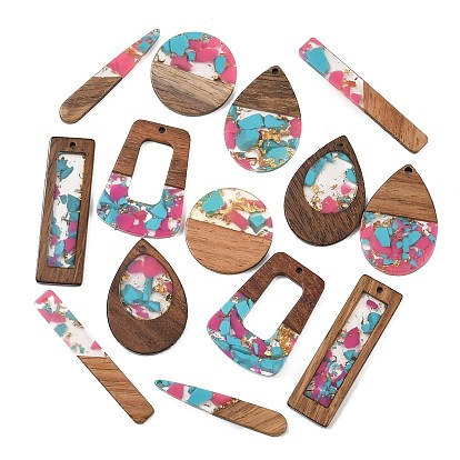 Walnut Wood & Transparent Resin & Gold Foil Pendants, Mixed Shapes Charm
