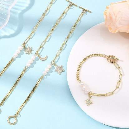 Brass Micro Pave Clear Cubic Zirconia Charm Bracelets, Brass Paperclip Chains & Curb Chains Bracelets for Women, with Natural Cultured Freshwater Pearl