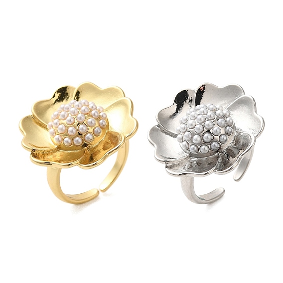 Открытые манжеты из цветочной латуни, кольцо из искусственного жемчуга для женщин