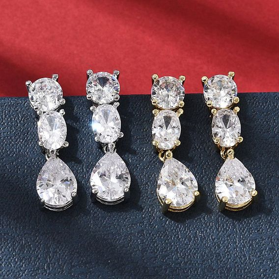 Серьги-гвоздики в форме капли из латуни с микропаве из прозрачных кубических цирконий, долговечный, стойки покрытие, без свинца и без кадмия