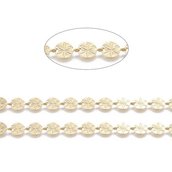 Brass Handmade Beaded Chains,  Link Chain, Long-Lasting Plated, Soldered, with Spool, Flat Round with Flower