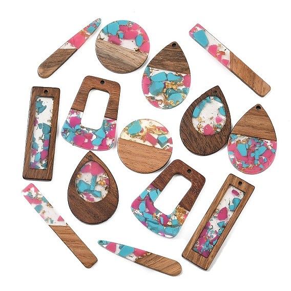 Walnut Wood & Transparent Resin & Gold Foil Pendants, Mixed Shapes Charm
