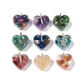 Epoxy Resin Dyed Synthetic Imperial Jasper Pendants, Heart Charms with Golden Plated Brass Loops