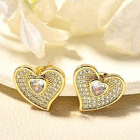 Rack Plating Brass Micro Pave Clear Cubic Zirconia Stud Earrings for Women, Cadmium Free & Lead Free, Long-Lasting Plated, Heart