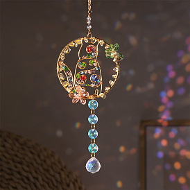 Flat Round with Cat Suncatchers, Golden Tone Copper Wire Wrapped Glass Hanging Ornaments with Iron Ring