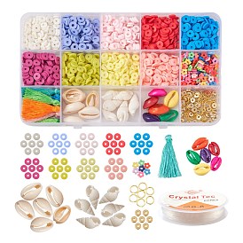 DIY Tassel Charm Heishi Beads Jewelry Set Making Kit, Including Polymer Clay & CCB Plastic Beads, Polyester Tassel Pendant Decorations, Natural Cowrie Shell Beads, Iron Jump Rings, Elastic Thread