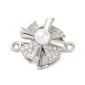 Brass Clear Cubic Zirconia Windmill Connector Charms, with Glass Pearl, Electrophoretic Plated, Long-Lasting Plated