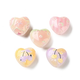 Printed Acrylic Beads, Heart with Bowknot & Cherry & Guava Pattern