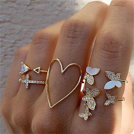 Cross Triangular Heart Hollow Out Full Drill Oil Drip Butterfly Ring 5-Piece Set Joint Ring
